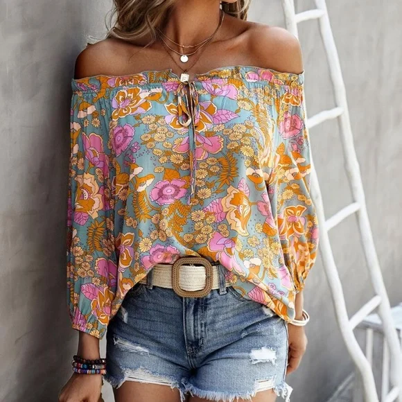 Boho Floral Print Off Shoulder Blouse - Picture 4 of 7